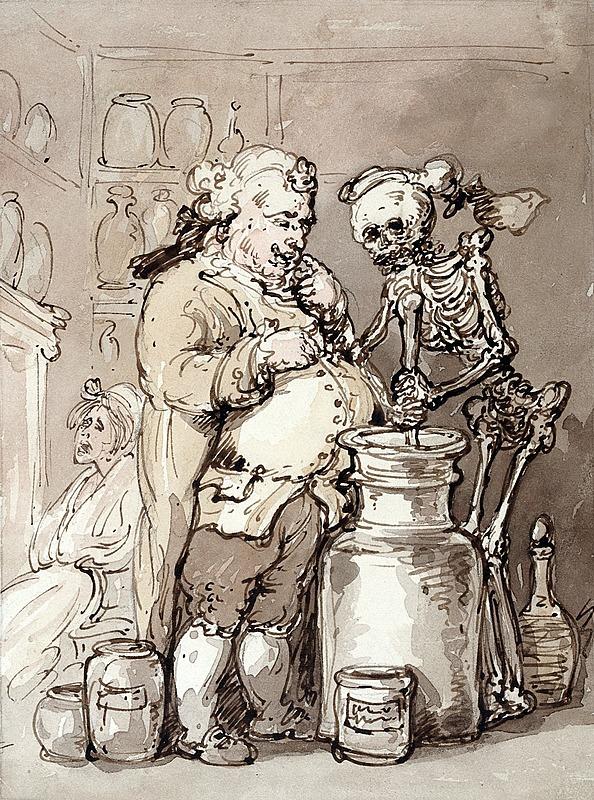 Døden som apoteker (og læge?). I betragtnikng af 1700-tals lægernes formåen var der måske ikke så langt mellem at være læge og bøddel - mente i hvert fald den engelske satiriker Thomas Rowlandson. (Wellcome Library)