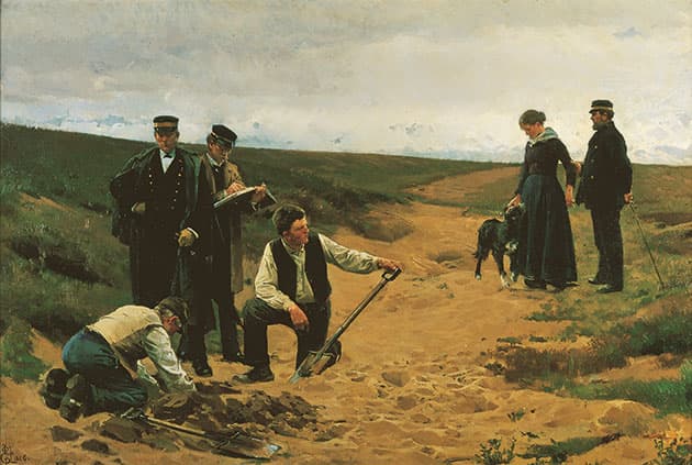 Barnemordet. Den unge kvinde har skilt sig af med et uønsket barn og må nu tage følgerne. Maleri af Erik Henningsen, 1886. (Den Hirschprungske Samling).