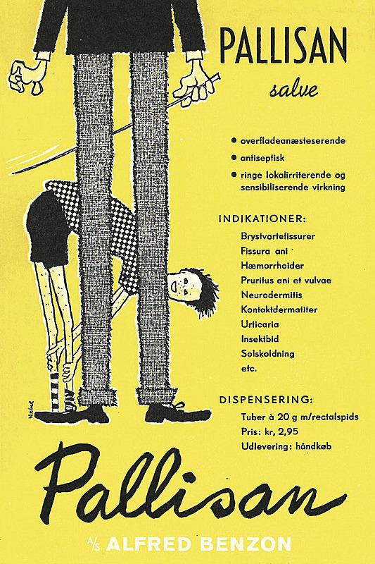 Lægernes egne publikationer var ikke selv håndsky, hvad medicinalreklamer angik. Her en annonce for lokalbedøvende salve i Medicinsk Forum nr. 5, 1955.