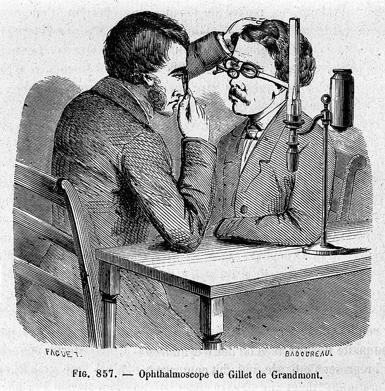 Med oftalmoskopet (billedet) og pandespejlet kunne kirurgen se ting, som før var skjult, og udvikle hidtil  usete behandlinger. (Fransk illustration fra 1872)