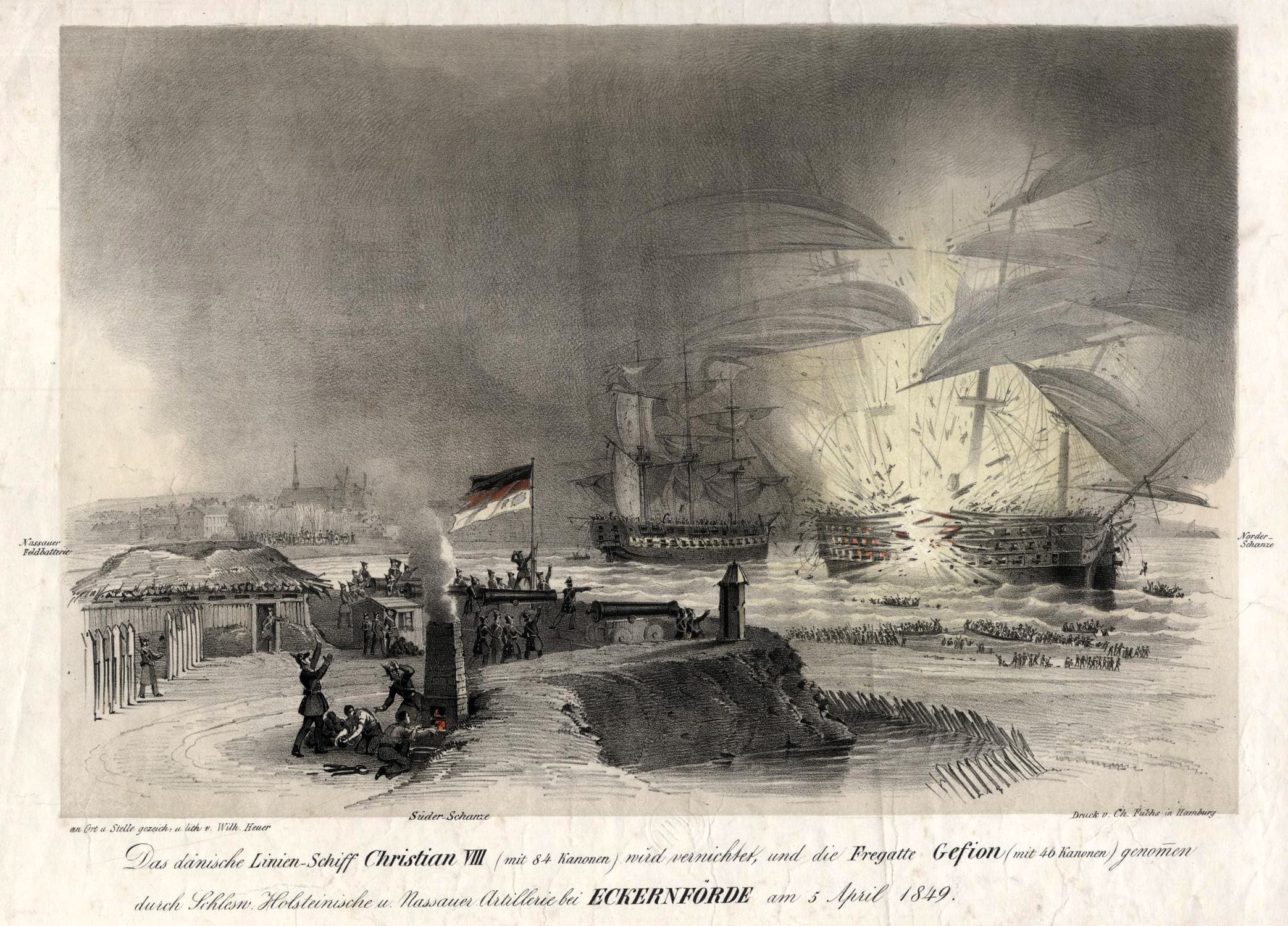 Eksplosionen, da flammerne når krudtmagasinet på linjeskibet Christian VIII i tysk gengivelse. Tysk flyveblad 1849.