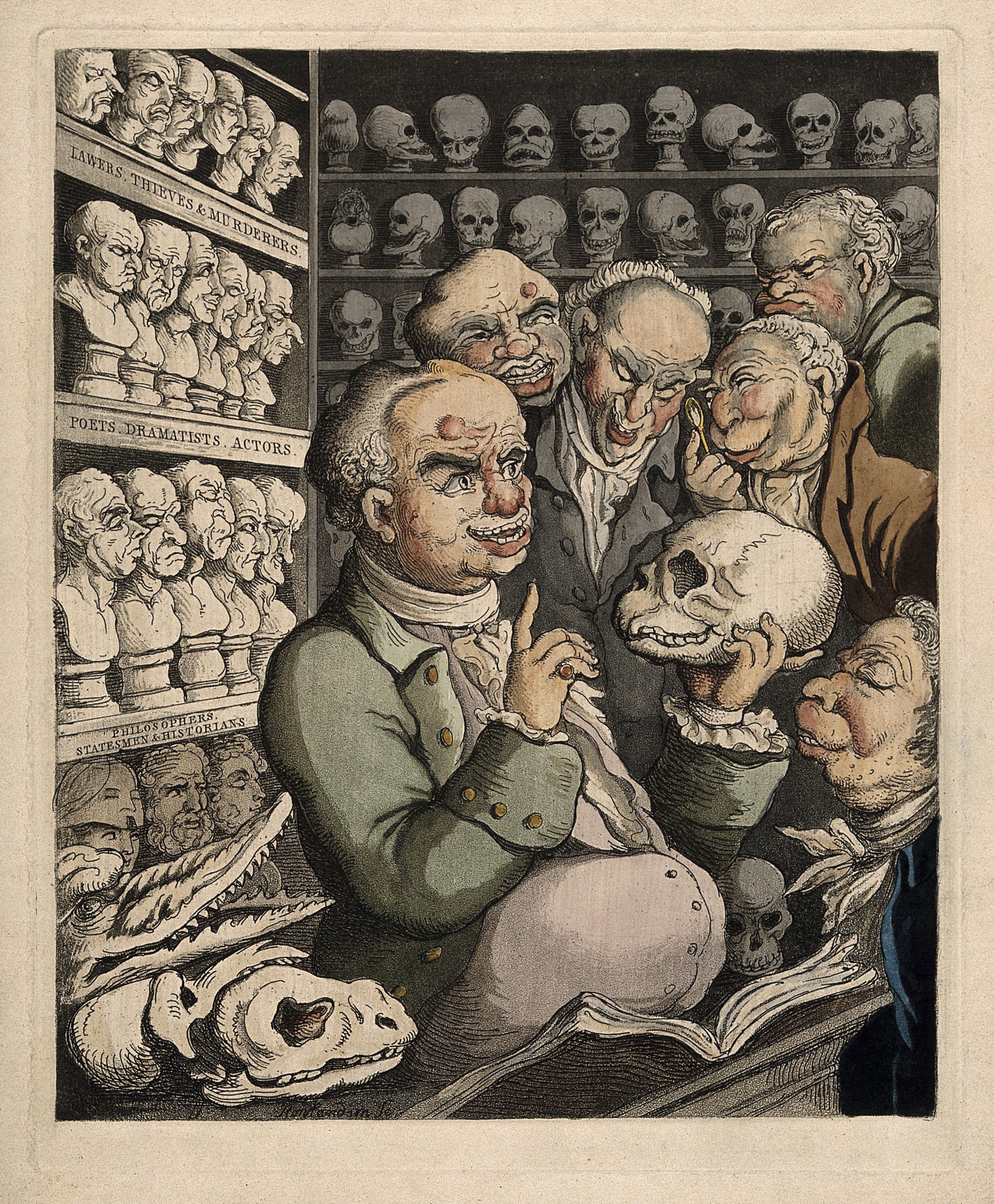 Franz Josef Gall, frenologiens opfinder, diskuterer med fem kolleger omgivet af sin store samling af kranier. Satirisk tegning af Thomas Rowlandson, 1808. Ill.: The Wellcome Library