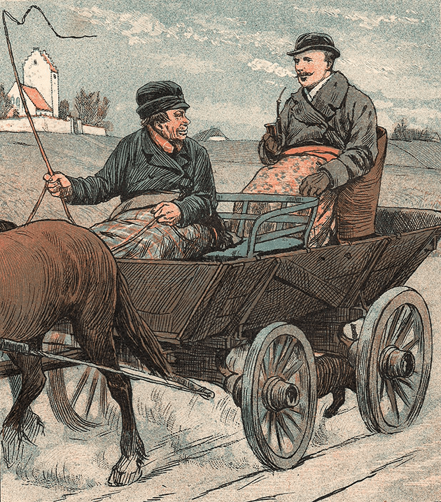 Lægebilens forgænger:  Hestevogn med den polstrede, læderbetrukne doktorstol. Illustration i det satiriske blad Punch, 1887.