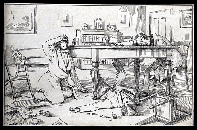 Foto: The Wellcome Collection - Den skotske fødselslæge og anæstesipioner James Young Simpson og to venner efter forsøg med kloroform, 1847. 