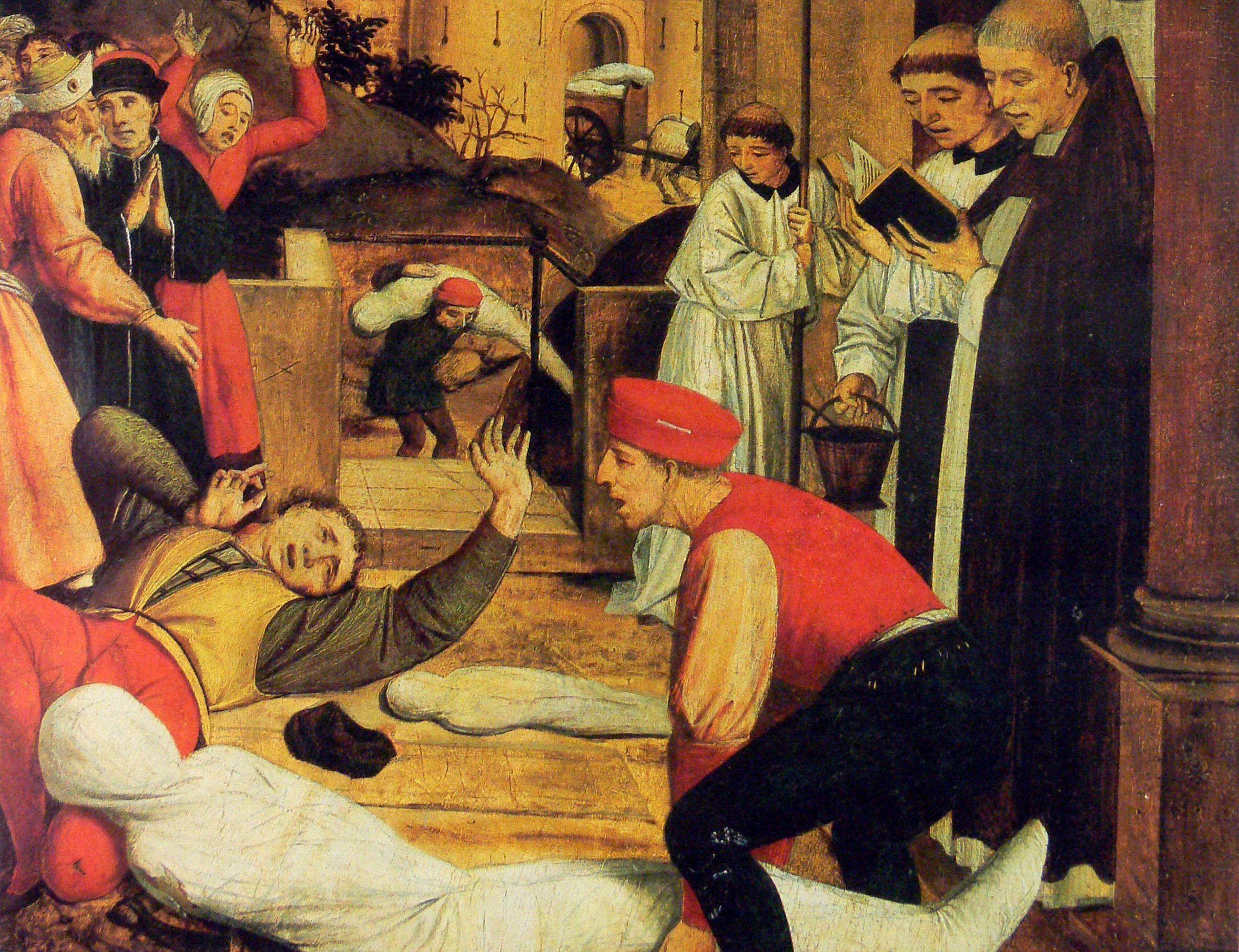 Scene fra den såkaldte justinianske pest, en pandemi, som ramte i 500-tallet. Billedet er malet i slutningen af 1400-tallet, og kunstneren har derfor skildret scener, som han selv oplevede dem under et af den sorte døds mange, senere udbrud. Oliemaleri af Josse Lieferinxe. The Walters Art Museum, Baltimore.