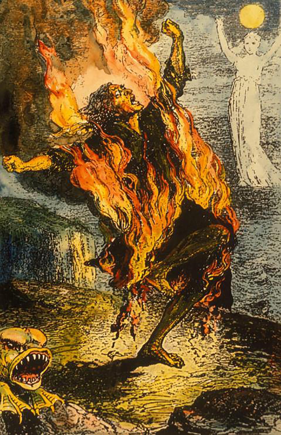 Myten om mennesker, der pludselig bryder i brand, har også appelleret til kunstneres fantasi. Fransk bogillustration fra 1885.