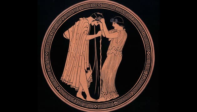 Overdrevet drikkeri er ikke noget nyt. Bunden af denne 2.5000 år gamle kylix (drikkeskål) viser en atheniensisk borger, som kaster op, mens en hetære – en luksusprostitueret – holder ham på panden. Billede: Wellcome Images.