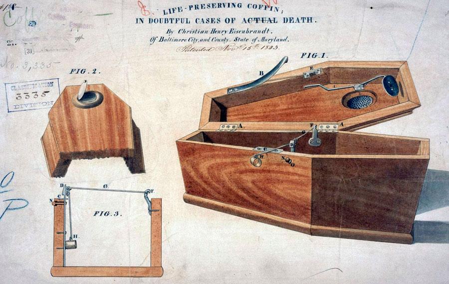 Amerikansk »sikkerhedskiste«, patenteret i 1843. Den dødes lemmer var forbundet med diverse stænger, som ved den mindste bevægelse ville udløse en fjeder, som fik låget til at springe op. (Wikimedia).