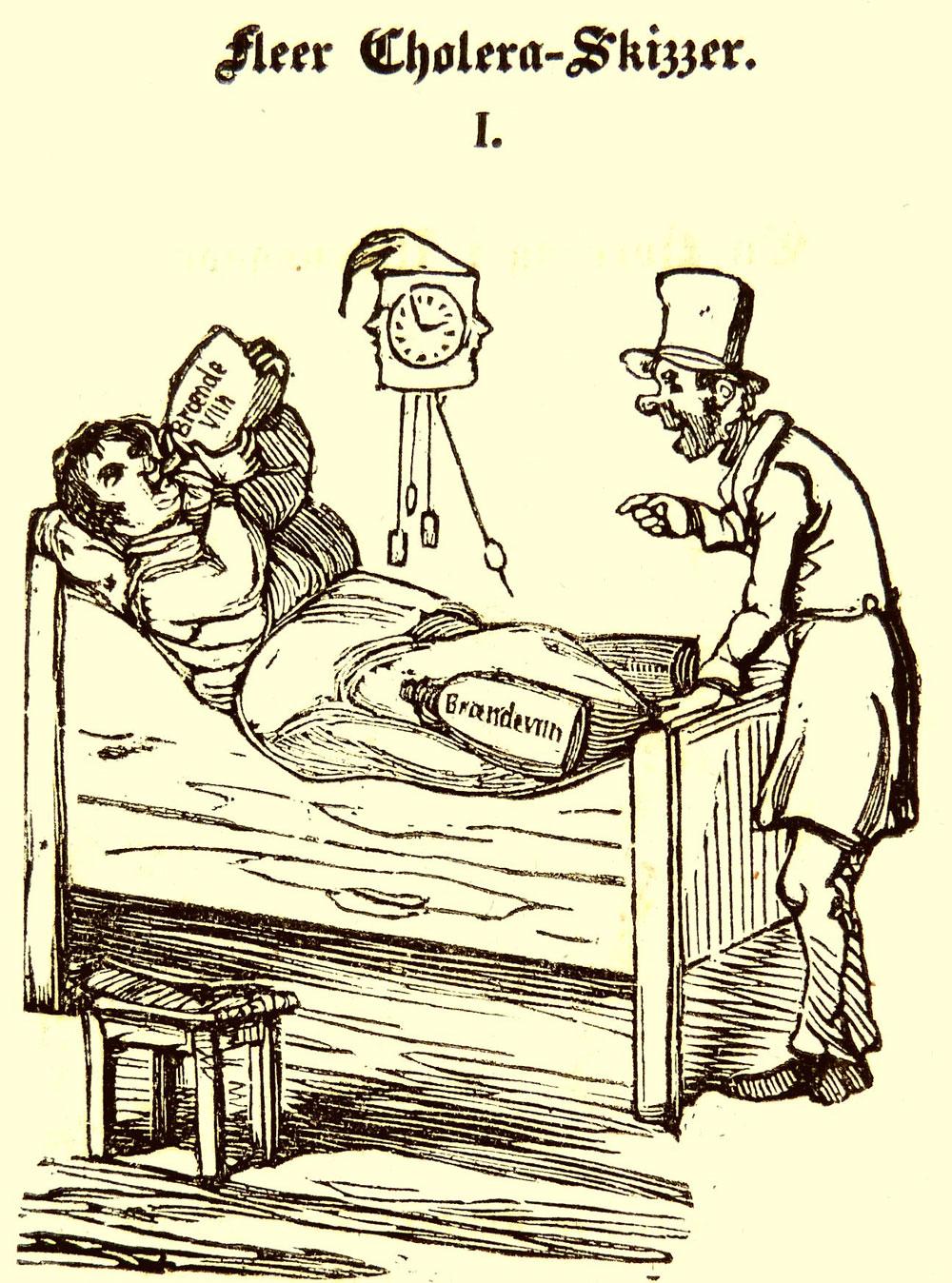 Sagkundskaben prøvede under koleraepidemien at belære menigmand om sundere kostvaner, men især et liv uden brændevin bød mange imod (satiretegninger fra 1853, den ene fra vittighedsbladet Folkets Nisse).