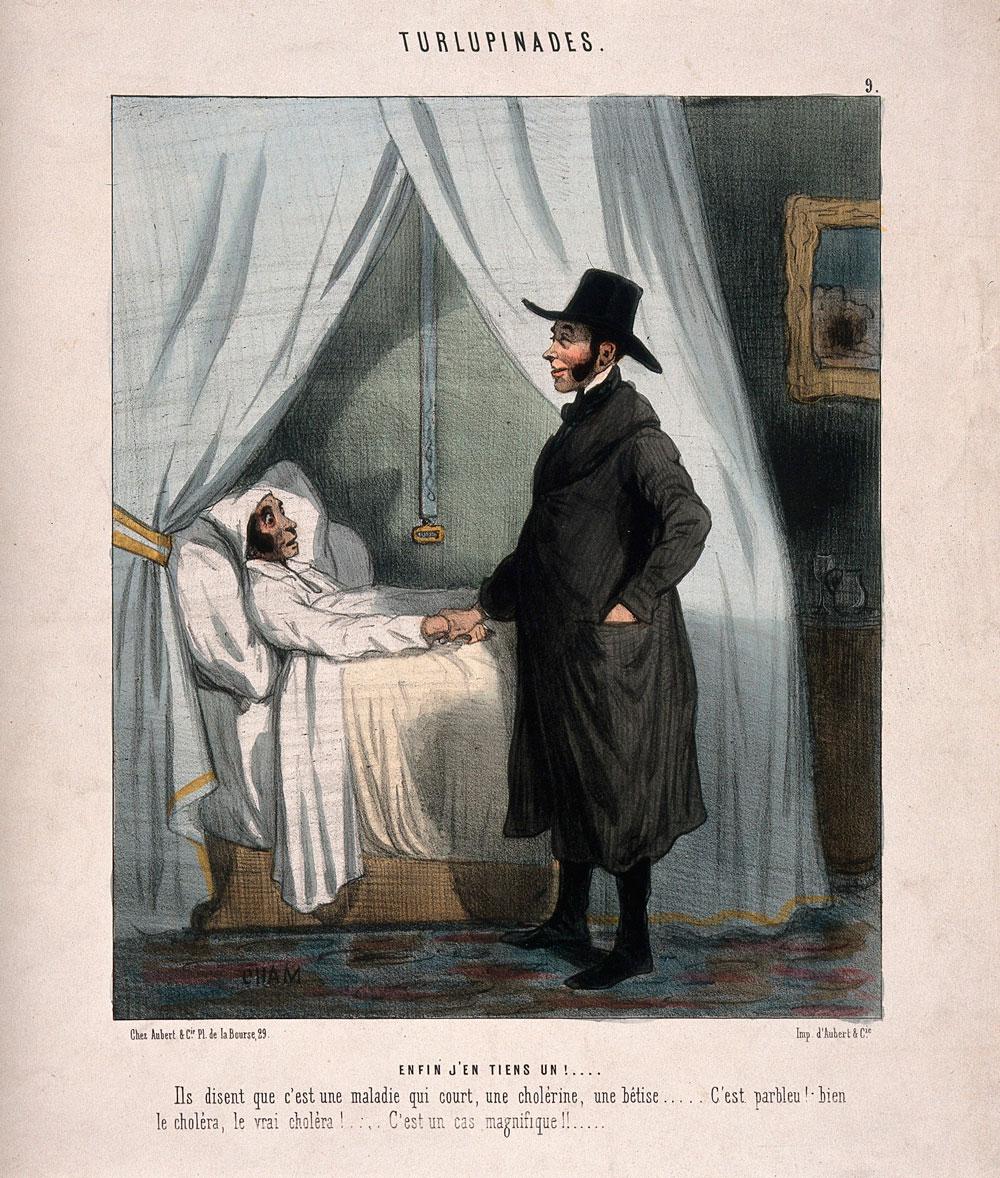 En læge tilser en bedrestillet borger med kolera. Det var de færreste, der havde samme mulighed for privat lægebesøg, og i en tid uden antibiotika og væskebehandling var det generelt meget lidt, lægerne kunne stille op mod den voldsomme diarrésygdom. Dødeligheden var af samme grund betragtelig (fransk satiretegning fra ca. 1850, Wellcome Collection).