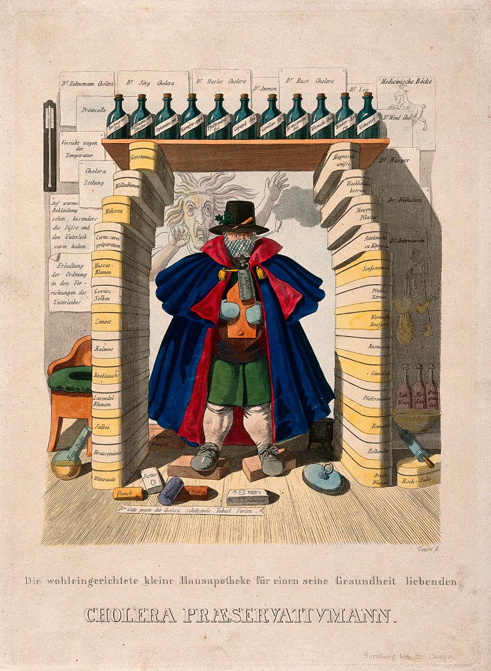 Også i 1800-tallet var opfindsomheden stor, når befolkningen forsøgte at beskytte sig selv mod den usynlige  dræber. Her en britisk satiretegning fra ca. 1832 (Wellcome Collection).