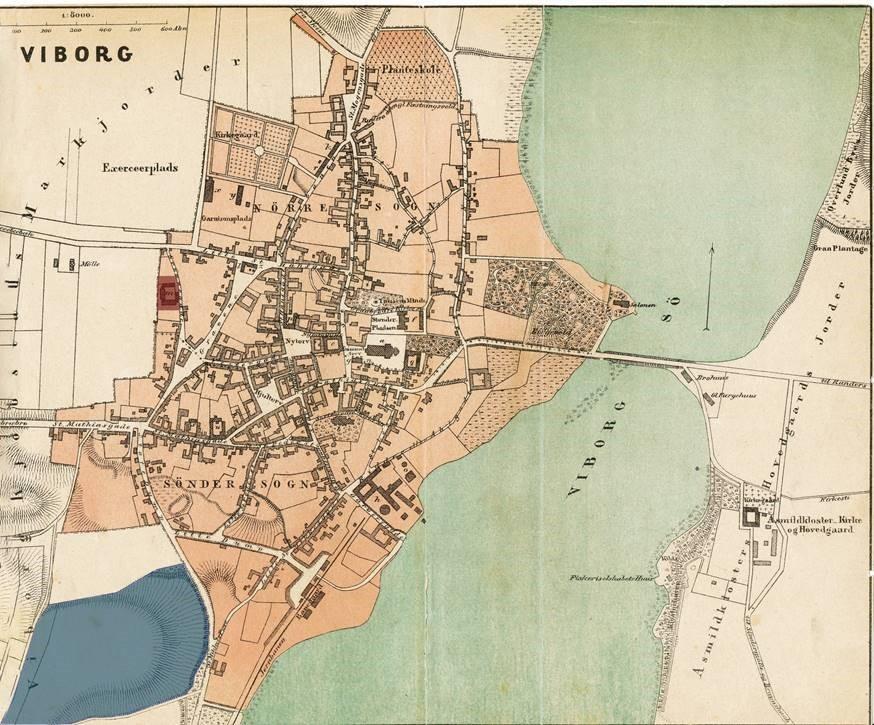 Amtssygehuset i Grønnegade (markeret med rødt) var i 1880’erne ved at blive indelukket af ny bebyggelse, og udvidelsesmulighederne var derfor begrænsede. I 1883 besluttede byrådet på Heibergs opfordring at bygge et splinternyt, moderne sygehus i byens sydlige udkant (markeret med blåt). Kortet er fra 1875 (Viborg Museum).