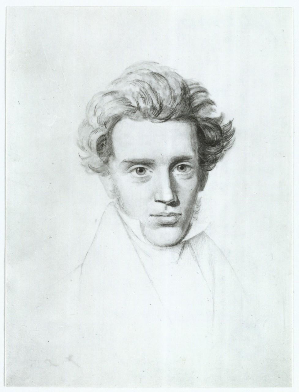 En ung og nok noget idealiseret Søren Kierkegaard tegnet af fætteren Niels Christian Kierkegaard (1806-1882), som var en velkendt tegner og litograf (Det Kgl. Bibliotek).