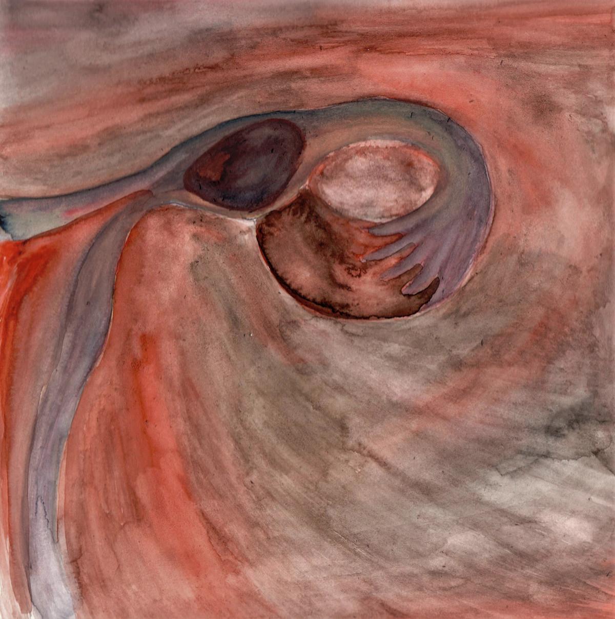 Ekstrauterin graviditet. Illustration: Hannah Angharad Feuerstein, akvarel, 2021.