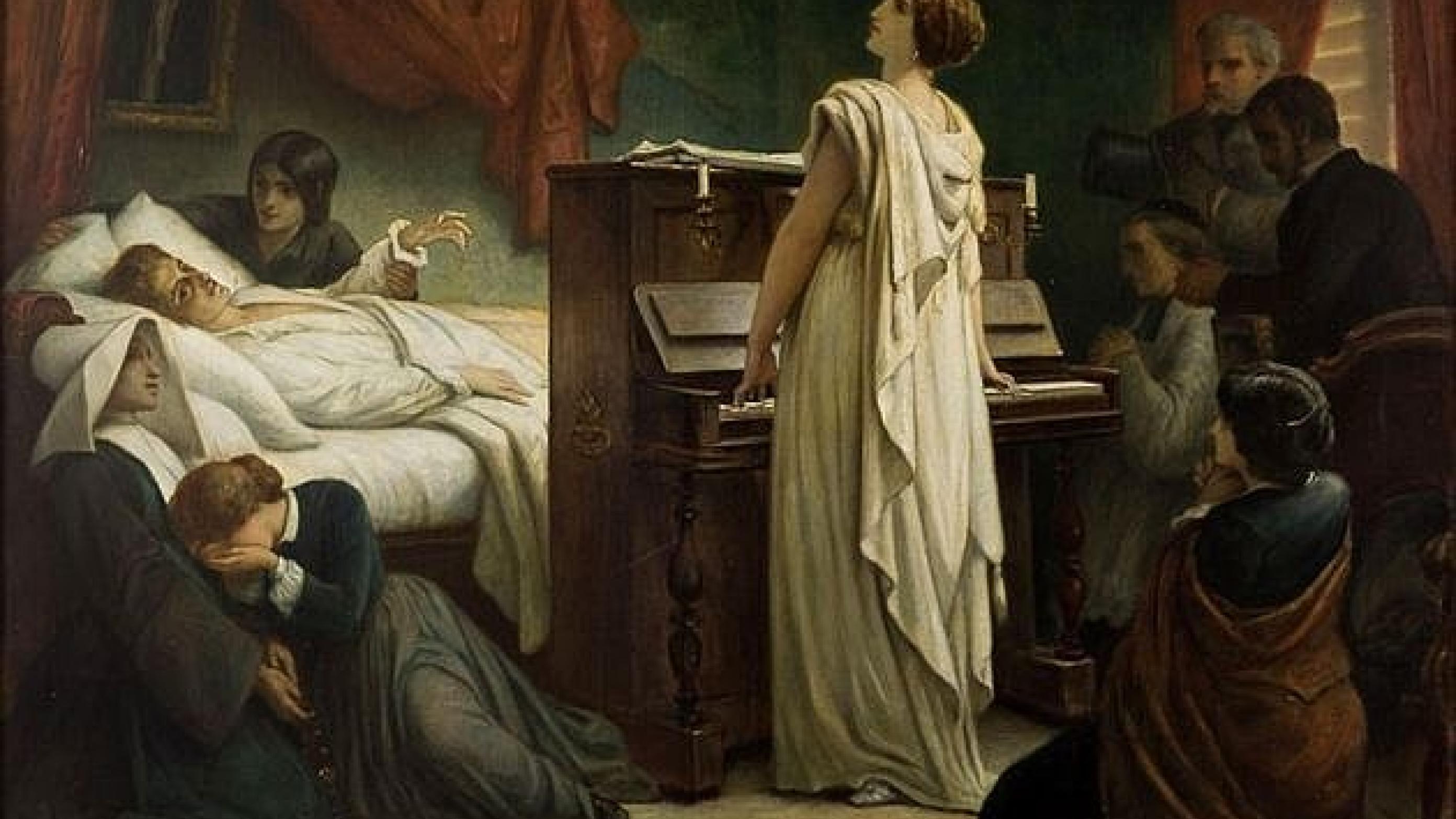 Komponisten Frederic Chopins romantiske død af tuberkulose - som kunstneren Félix-Joseph Barrias forestillede sig den. (Wikipedia).