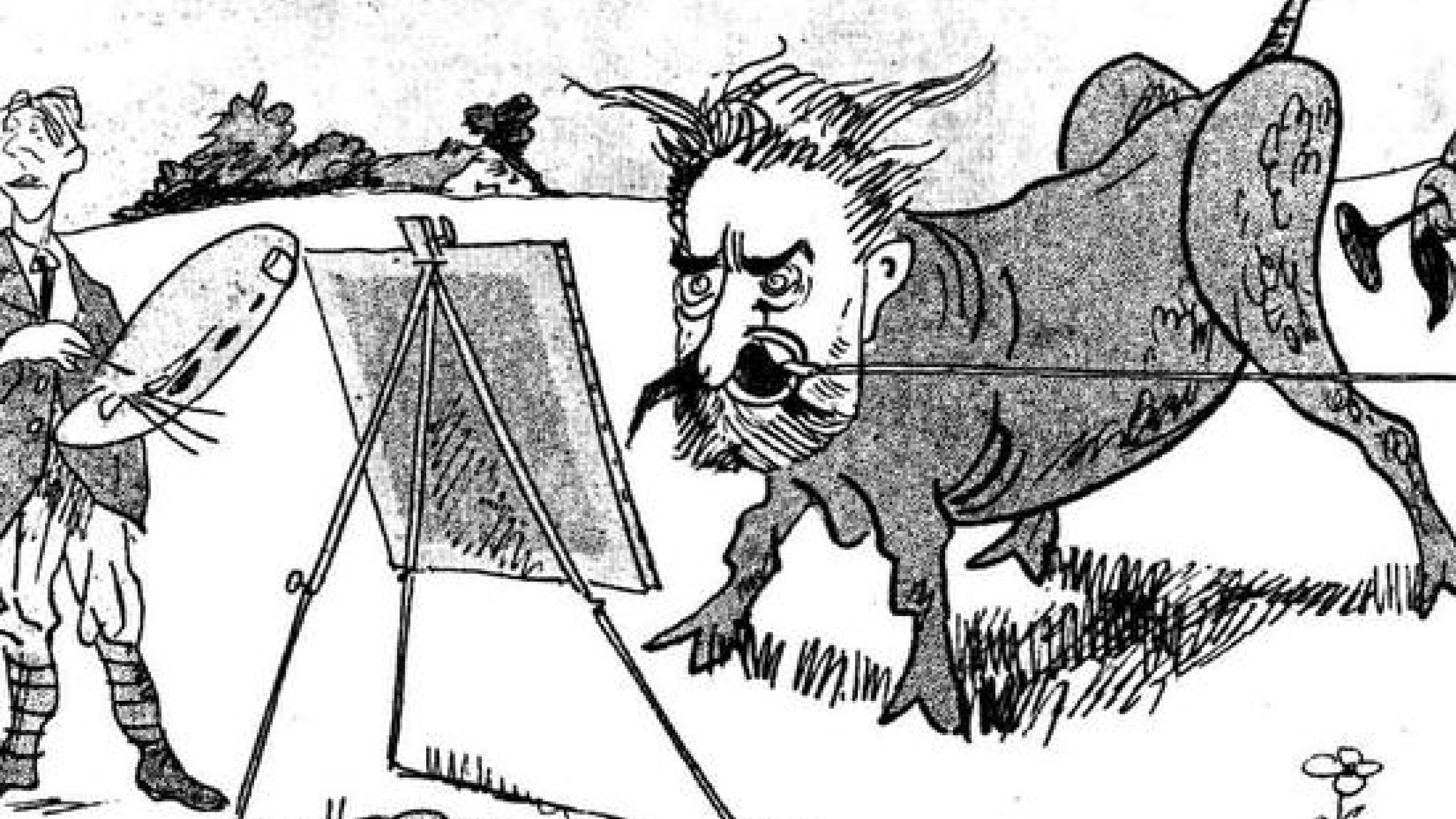 Den internationalt berømte bakteriolog C.J. Salomonsen går som en olm tyr løs på den moderne kunst. Han så den som en slags smitson sindssygdom. Samtidig karikatur.