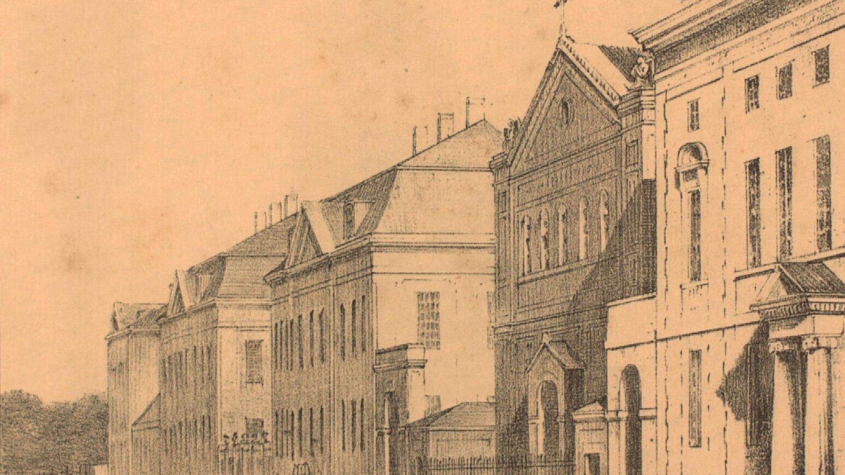 Kirurgisk Akademi (yderst th) i Bredgade ca. 1840. Længst tv. ses Frederiks Hospital.