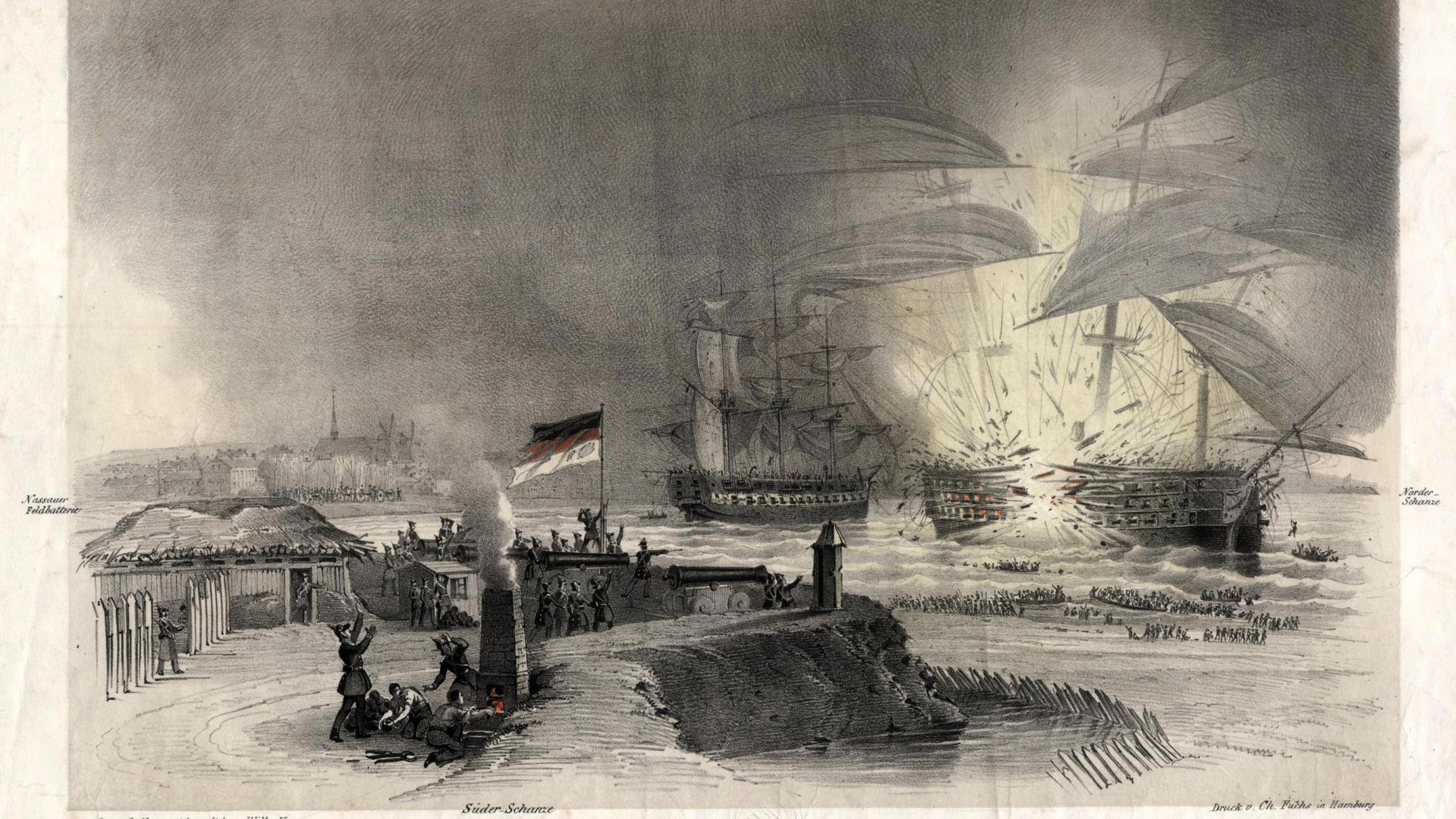 Eksplosionen, da flammerne når krudtmagasinet på linjeskibet Christian VIII i tysk gengivelse. Tysk flyveblad 1849.