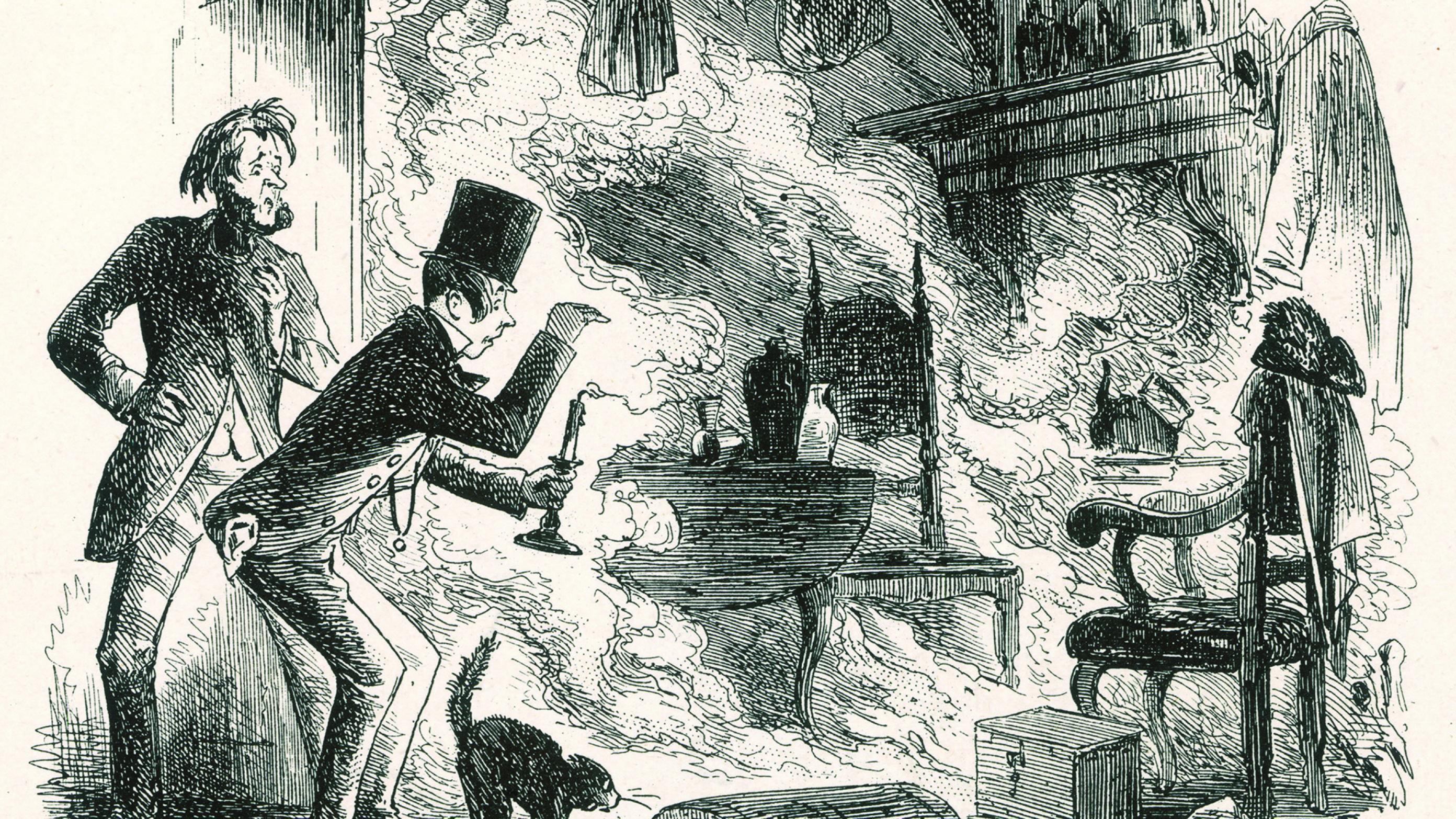 Illustration fra Charles Dickens’ roman »Bleak House«: Mr Guppy og Mr Snagsby åbner døren til Mr Krooks kælderbutik og finder til deres rædsel, at den fordrukne kludehandler er gået op i flammer. Radering af H.K. Browne, 1853.