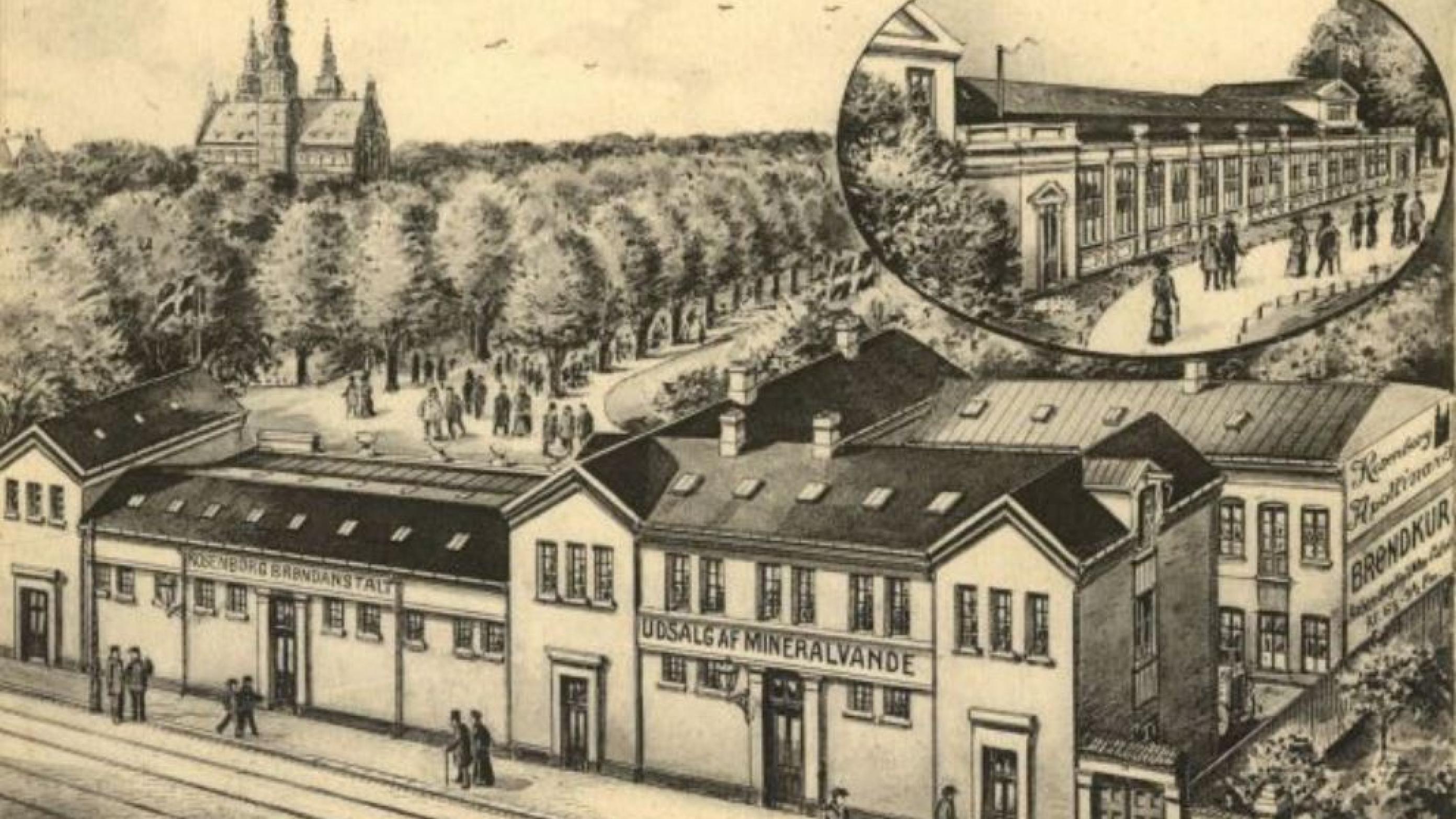 Rosenborg Brøndanstalt i slutningen af 1800-tallet. I forgrunden Gothersgade. (Det kgl. Bibliotek)