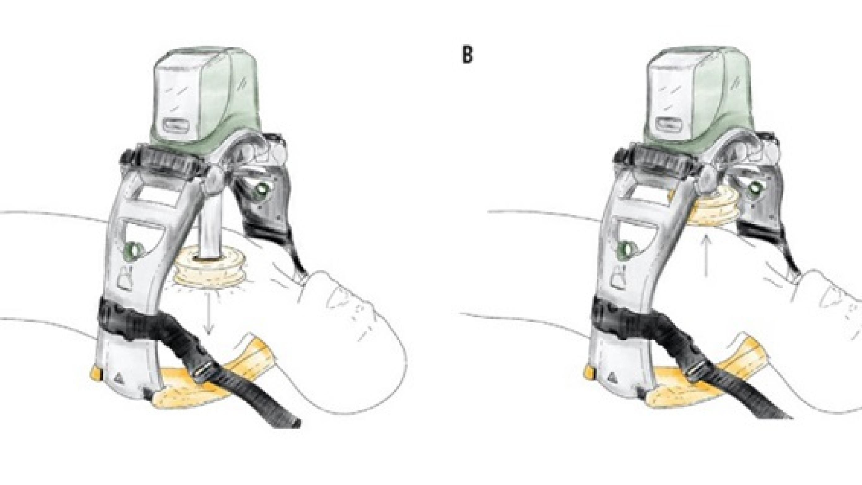 Stempelapparat. A. Stemplet komprimerer thorax. B. Stemplet retraheres, så der opnås recoil. (Illustration af Behaviour CPH).