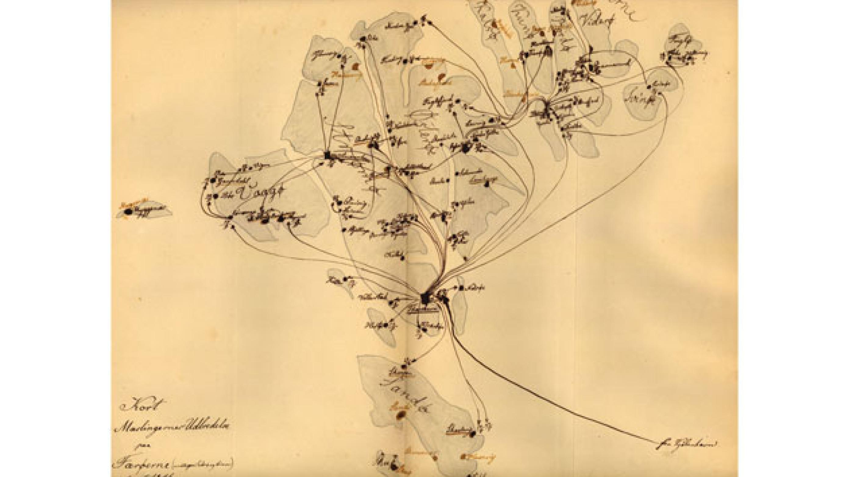 Peter Ludvig Panums håndtegnede kort over mæslingernes udbredelse på Færøerne.