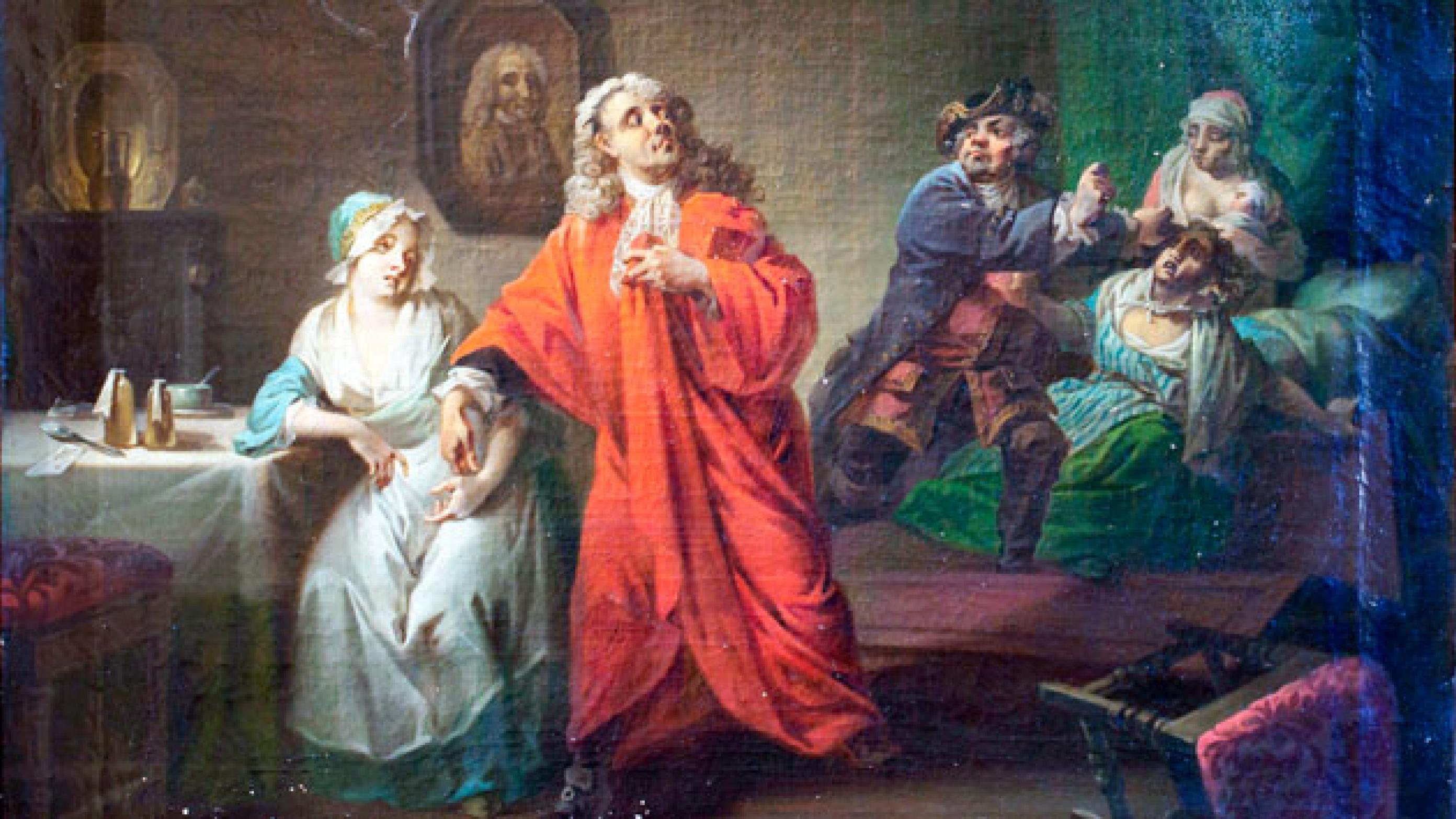 Scenen fra komedien Barselstuen, tredje akt, sjette scene, hvor barberen og den kloge kone vælter frem fra deres skjul til den lærde doktors ærgrelse. I baggrunden ammen med den nyfødte. Oliemaleri af C.A. Lorentzen, 1810. Statens Museum for Kunst.