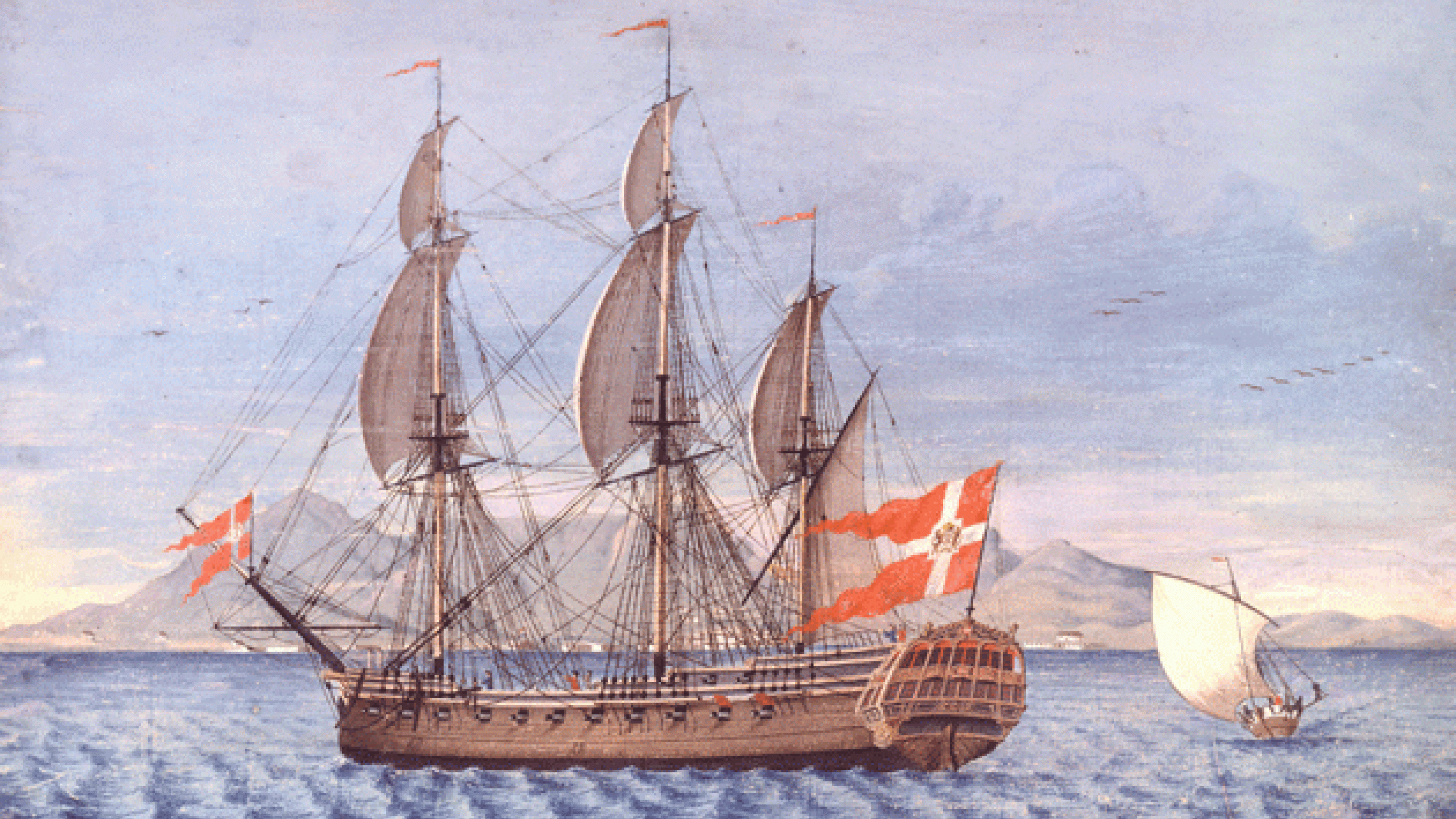 Skibsportræt af fregatten »Dronning Sophia Magdalena«. Gouache af ukendt kunstner, ca. 1760’erne. Original på M/S Museet for Søfart.