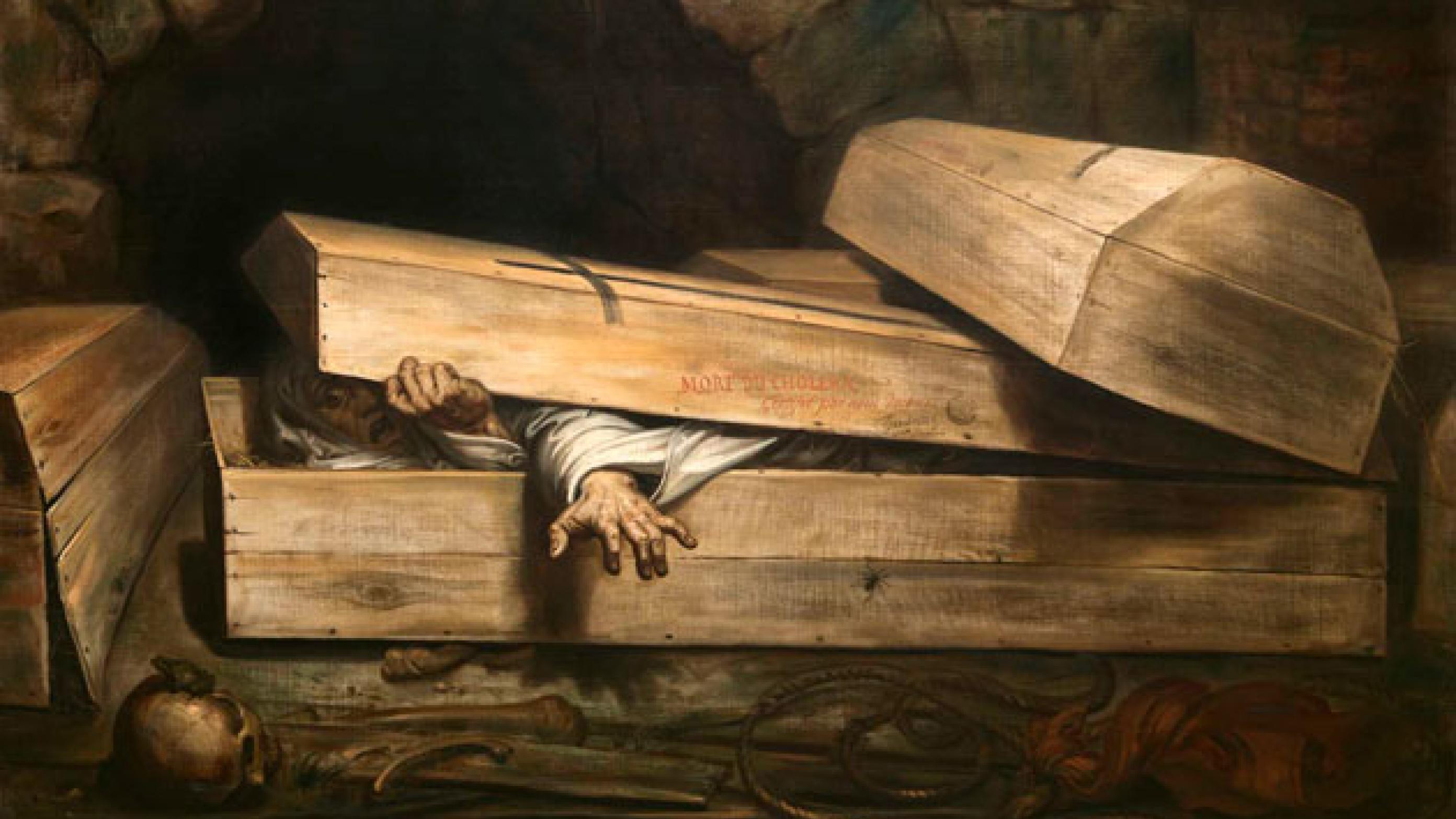 Rædslen for den levende begravelse afspejlede sig i litteraturen, f.eks. i Edgar Allan Poes gyserhistorier, og som her, i kunsten: »Den forhastede begravelse«. Oliemaleri, 1854 af Antoine Wiertz (Wiertz Museum, Bruxelles).