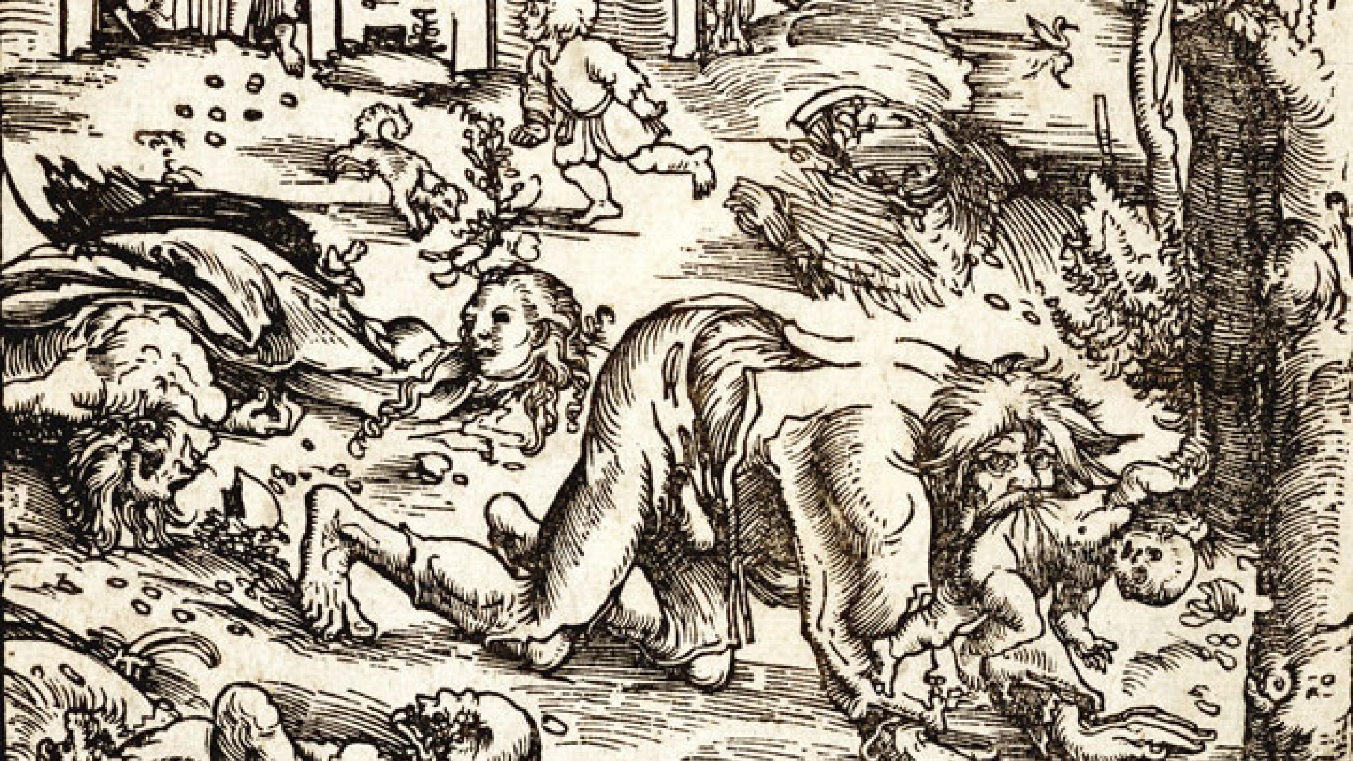Varulven, som den tyske kunstner Lucas Cranach den Ældre forestillede sig ham: En sindssyg mand i kannibalsk blodrus æder et spædbarn efter at have massakreret familien. Træsnit, ca. 1510. The Metropolitan Museum of Art