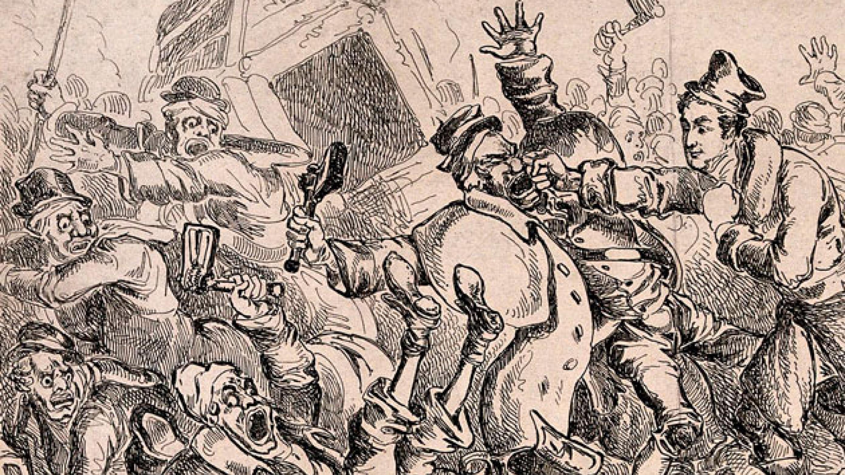  Læger slås, mens patienten ser fortabt til fra sin stol. (engelsk litografi, 1834)