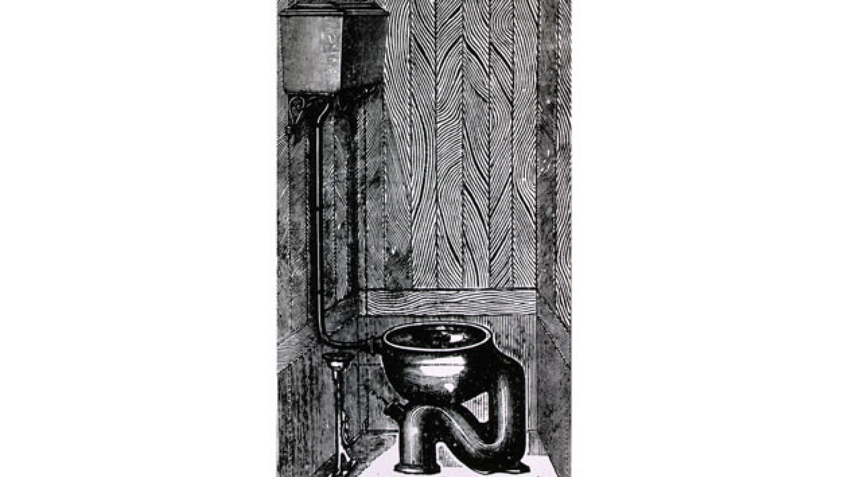 Træsnit: Toilet med højt skyl, 1884. Illustration: National Library of Medicine.