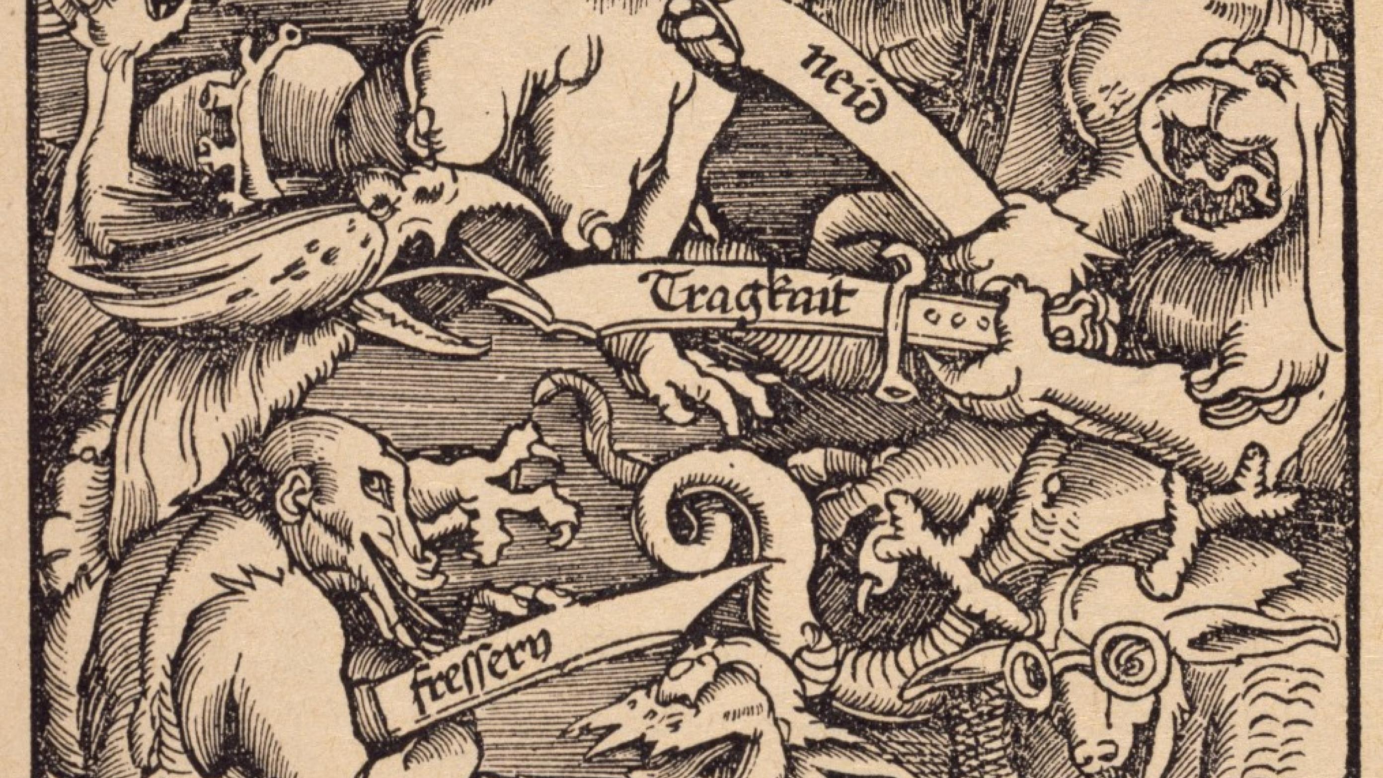 ”De syv Dødssynder” (1511) af Hans Baldung, kaldet Griens. Dæmonerne repræsenterer dødssynder, og de har formentlig inspireret Grünewald til at skildre Skt. Antonius´ fristelse i ørkenen. Dæmonen, som repræsenterer dødssynden fråseri svarer således til Grünewalds depraverede og storvommede munk med syfilisforandringer (Akg-Images/Ritzau Scanpix).
