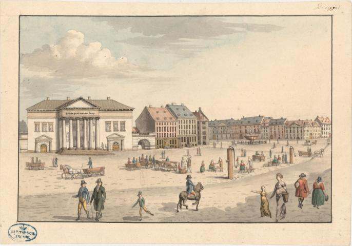 Gammeltorv og Nytorv. Søren Kierkegaard blev født og boede i sammenlagt 28 år på Nytorv 2. Hans fødested, det lyserøde hus til højre for det nuværende Domhuset, måtte desværre vige pladsen for en bank i begyndelsen af det tyvende århundrede (Nationalmuseet).